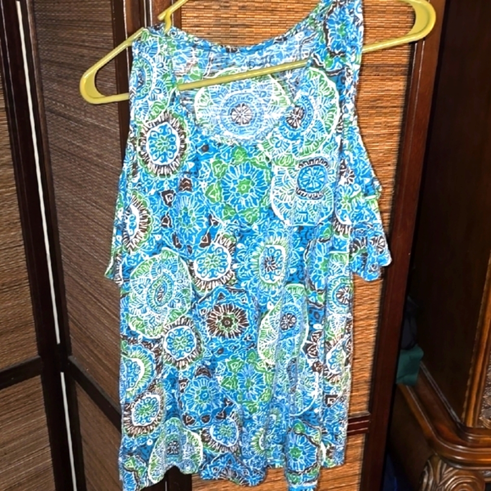 Blue and Brown Patterned Women's Top with Cut out sleeves.